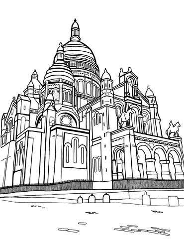 Free printable Sacré-Cœur Basilica of Montmartre coloring page featuring its domes, arches and detailed Parisian architecture to feast the eye: You-Color