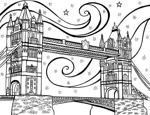 Detailed illustration of the iconic Tower Bridge in London, England, under magical starry sky with swirls. The architecture, featuring two towering neo-Gothic towers and a walkway rising above the River Thames. Free coloring page : You-Color