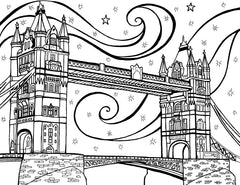 Detailed illustration of the iconic Tower Bridge in London, England, under magical starry sky with swirls. The architecture, featuring two towering neo-Gothic towers and a walkway rising above the River Thames. Free coloring page : You-Color