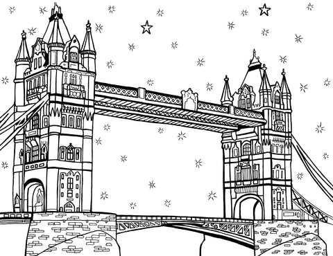Free printable Tower Bridge London coloring page featuring its twin towers, elevated walkways, suspension details and starry sky: You-Color