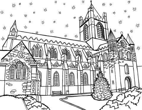 Free printable Christ Church Cathedral Dublin coloring page featuring its historic stone façade, Gothic windows and central tower: You-Color