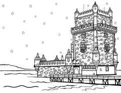Free printable Belém Tower Lisbon coloring page featuring the historic Portuguese fortress beside the Tagus River: You-Color