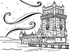 Free printable Belém Tower Lisbon coloring page featuring the historic Portuguese fortress beside the Tagus River 2: YouColor