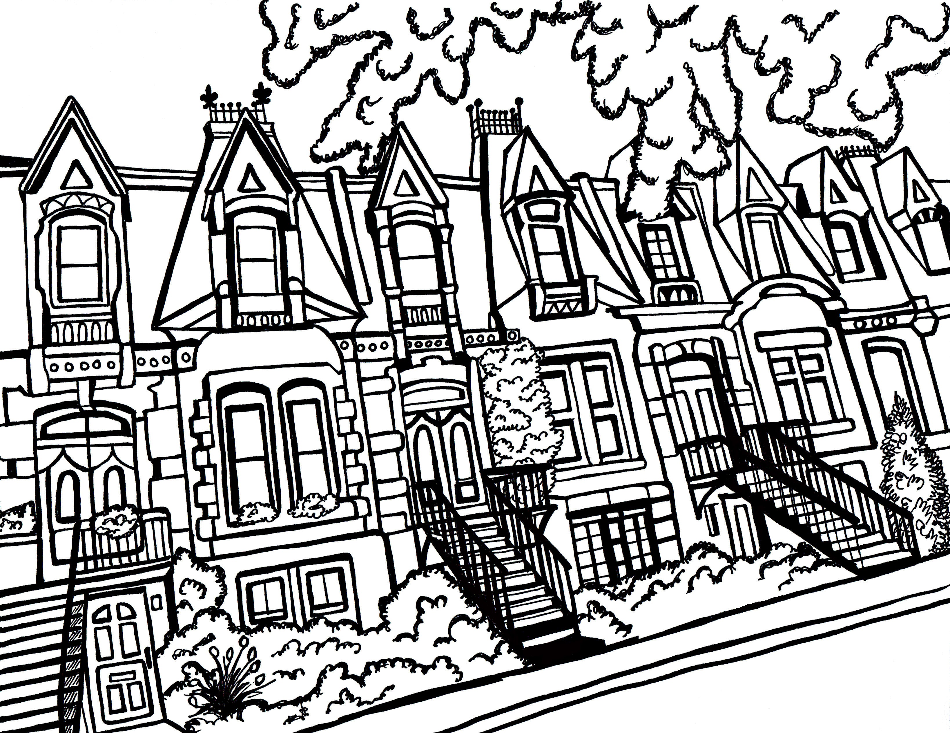 Free printable Square Saint-Louis Montréal coloring page featuring historic townhouses and exterior staircases: You-Color