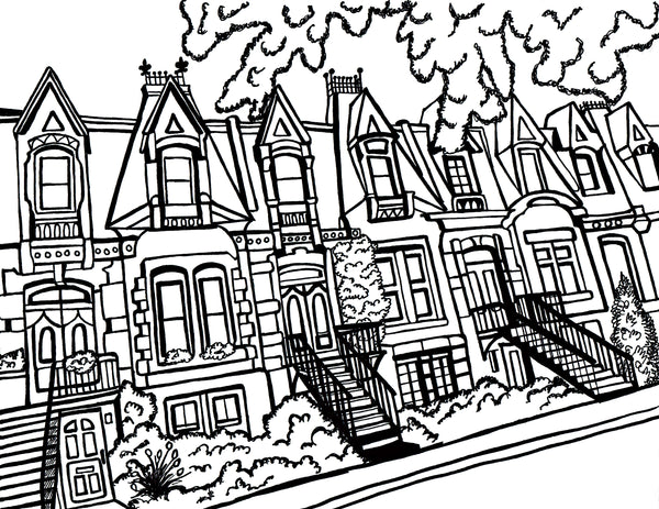Free printable Square Saint-Louis Montréal coloring page featuring historic townhouses and exterior staircases: You-Color