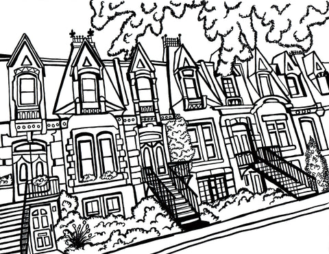 Free printable Square Saint-Louis Montréal coloring page featuring historic townhouses and exterior staircases: You-Color