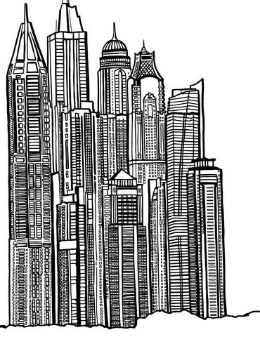 Free printable Dubai skyline coloring page featuring a collection of modern skyscrapers with detailed windows and distinctive rooftops: You-Color