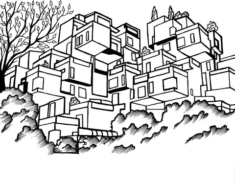 Free printable Habitat 67 Montréal coloring page featuring the stacked concrete modules and terraces created for Expo 67: You-Color