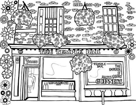 Free printable Temple Bar Dublin coloring page featuring the famous Irish pub, brick façade, hanging flower baskets and traditional signs: You-Color
