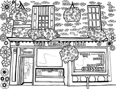 Free printable Temple Bar Dublin coloring page featuring the famous Irish pub, brick façade, hanging flower baskets and traditional signs: You-Color
