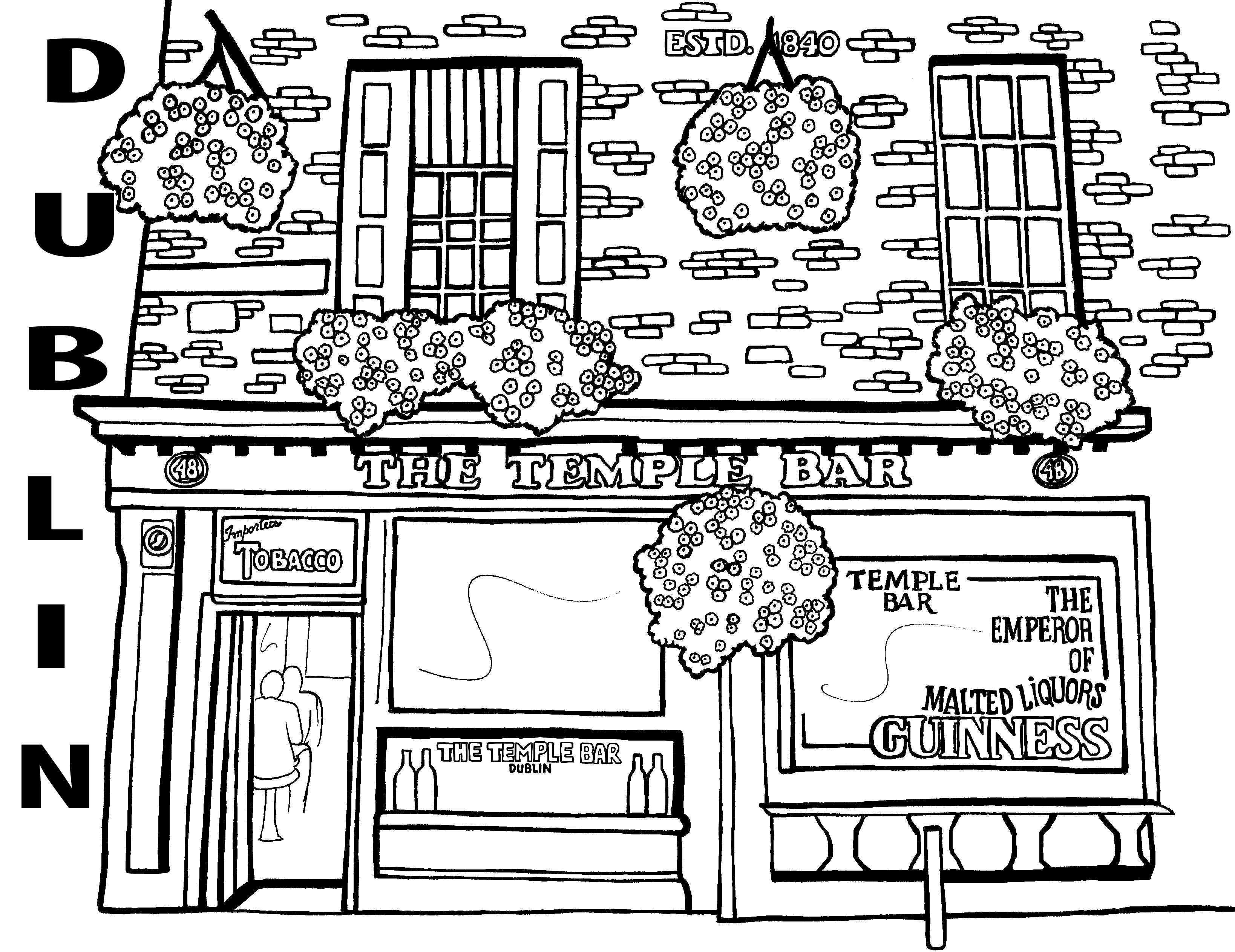 Color the traditional brick façade of The Temple Bar Pub in Dublin, Ireland.