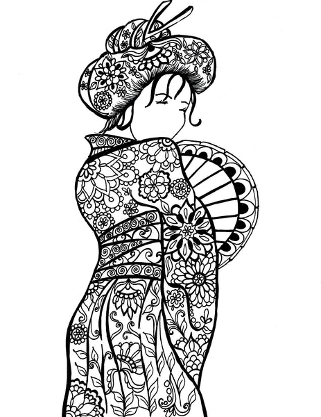 Intricate line art drawing of a geisha for adult coloring, showcasing a detailed kimono with floral patterns, an elegant obi, and a traditional hairstyle adorned with kanzashi hair ornaments. The geisha is depicted holding a sensu folding fan, adding a cultural touch to the artwork. Free coloring page :: YouColor
