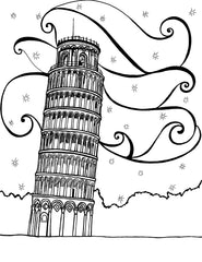 A detailed black and white coloring page featuring the iconic Leaning Tower of Pisa, Italy, stands tall amidst a starry sky and swirls of clouds. The tower's ornate architecture, with its intricate columns and curved arches, is vividly portrayed against a blank background, inviting the addition of color. The surrounding area is minimalist, with a simple horizon line and stylized clouds, focusing the viewer's attention on the tower's majestic structure. Free coloring page: You-Color